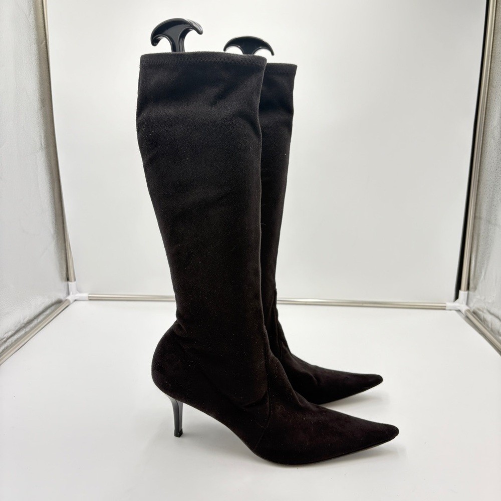 Casadei Kitten Heel Pointed Toe Black Suede Knee High Boots Luxury Women’s Sz 11